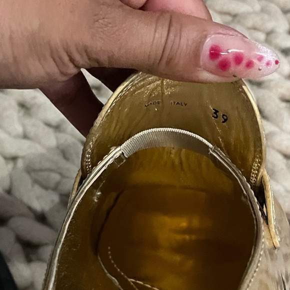 PRADA Triangular Logo Metallic Gold Leather Chocolate Loafers size 39 - Picture 15 of 16